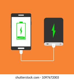 Power bank connected to smartphone by usb cable. Vector illustration.