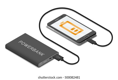 Power bank connected to smartphone by usb cable. Isometric vector illustration