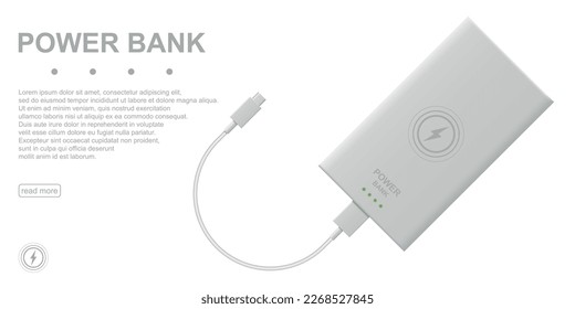 Power bank connection via USB cable realistic vector illustration isolated on white background. 3D concept. - Shutterstock ID 2268527845
