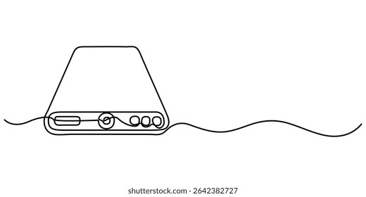 banco de energia contínua um desenho de linha, banco de energia. Ícone de linha com rajadas de sol no fundo branco, Carregando telefone celular por banco de energia Desenho, Banco de energia Ícone - curso editável.