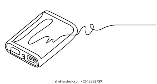 Power Bank durchgehende einzeilige Zeichnung, Power Bank. Liniensymbol mit Sonnenaufgängen auf weißem Hintergrund, Handy-Aufladen nach Powerbank-Zeichnung, Powerbank-Symbol - Bearbeitbarer Strich.