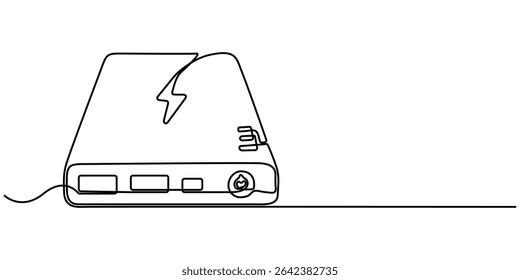 power bank continuous one line drawing, Power bank. Line icon with sunbursts on white background, Cell phone Charging by Power bank Drawing, Power bank Icon - Editable Stroke.