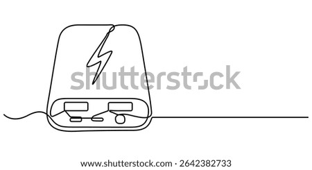 power bank continuous one line drawing, Power bank. Line icon with sunbursts on white background, Cell phone Charging by Power bank Drawing, Power bank Icon - Editable Stroke.