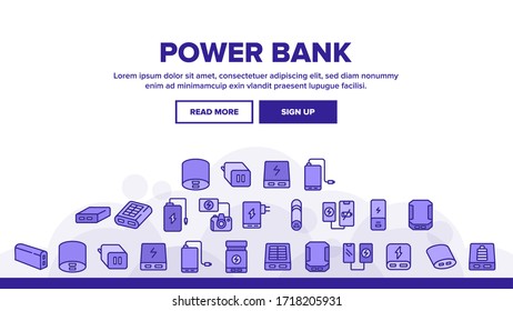 Power Bank Device Landing Web Page Header Banner Template Vector. Power Bank Electronic Equipment For Charging Smartphone And Photo Camera, Portable Charger Illustrations