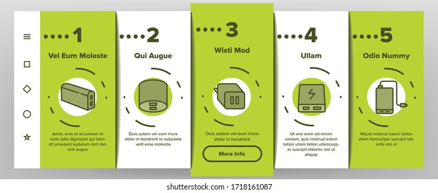 Power Bank Device Onboarding Icons Set Vector. Power Bank Electronic Equipment For Charging Smartphone And Photo Camera, Portable Charger Illustrations