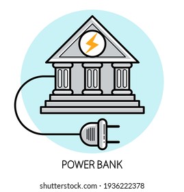 Power bank humorous funny icon made with real bank classic style facade and electric plug vector flat style icon isolated.