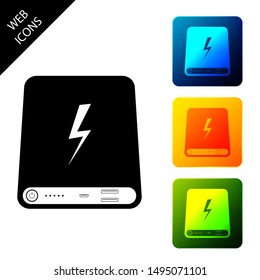 Power bank icon isolated. Portable charging device. Set icons colorful square buttons. Vector Illustration