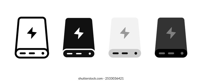 Ícone do banco de energia. Ilustração de vetor de carregador de bateria portátil. Símbolo da bateria do banco de energia. Sinal de recarga do dispositivo eletrônico. Pictograma de energia do carregador de telefone. Contorno, conceito de acumulador preto e branco.