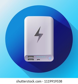 Power bank icon, portable charging device, charged battery smartphone indication, vector illustration