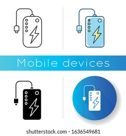 Power bank icon. Powerbank. Portable battery. Energy source. Pocket charging gadget. Handheld USB charger. Technology. Mobile device. Linear black and RGB color styles. Isolated vector illustrations
