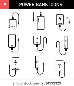 Conjunto de ícones do banco de energia com cabo de carregamento - Símbolo de bateria portátil