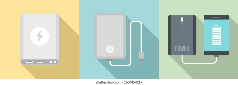 Power bank icon set. Flat set of power bank vector icons for web design