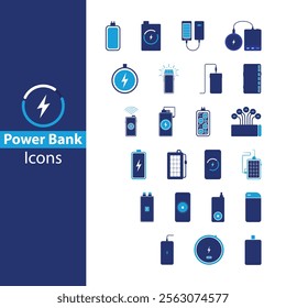 Power Bank icon set. Single Port Power Banks, Multi-Port Bank, Fast charging b-ank, standard charging wireless power bank, solar , wireless bank has a pad on top, 