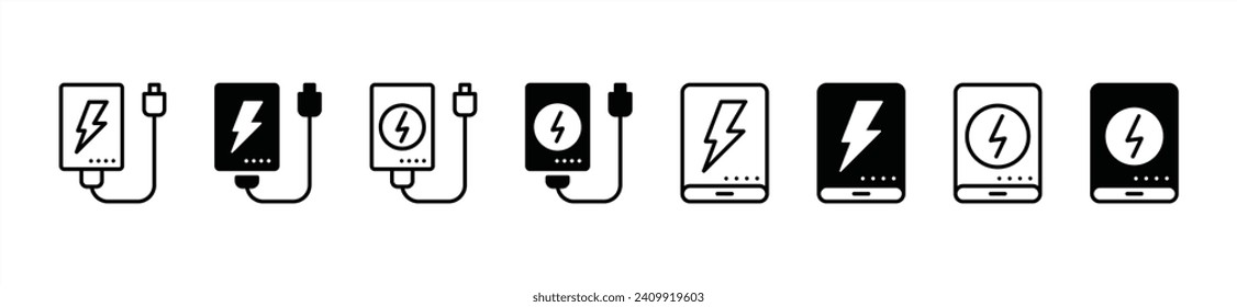 Juego de iconos de banco de energía. Cargador de smartphone powerbank. Símbolo de icono del cargador portátil. Ilustración del vector