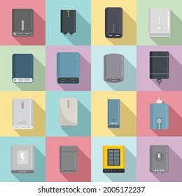 Power bank icons set flat vector. Alternative power. Battery bank