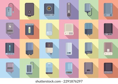 Power bank icons set flat vector. Battery charge. Computer device
