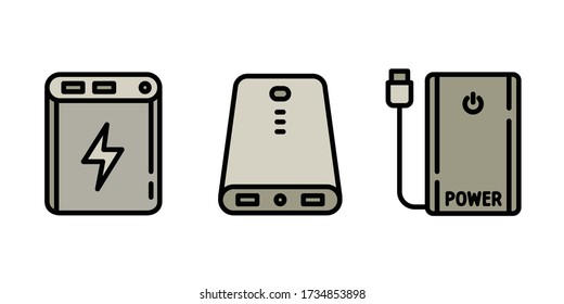 Power bank icons set. Outline set of power bank vector icons for web design isolated on white background