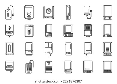 Power bank icons set outline vector. Battery charge. Computer device