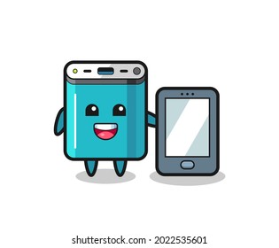 power bank illustration cartoon holding a smartphone , cute style design for t shirt, sticker, logo element