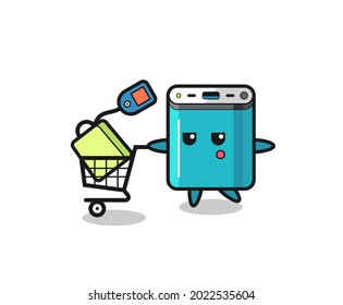 Power Bank Illustration Cartoon With A Shopping Cart , Cute Style Design For T Shirt, Sticker, Logo Element