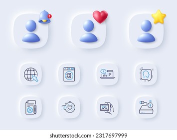 Power bank, Image album and Timer line icons. Placeholder with 3d bell, star, heart. Pack of Documentation, Head, Online documentation icon. Launder money, Internet pictogram. Vector