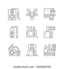 Power bank instruction linear manual label icons set. Short-circuiting risk. Customizable thin line contour symbols. Isolated vector outline illustrations for product use instructions. Editable stroke