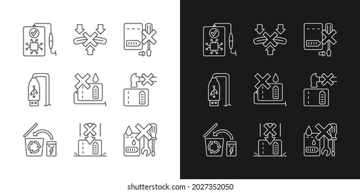 Power bank instruction linear manual label icons set for dark and light mode. Customizable thin line symbols. Isolated vector outline illustrations for product use instructions. Editable stroke