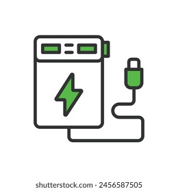 Power bank, in line design, green. Power, bank, portable, recharge, device, battery, technology, energy on white background vector. Power bank editable stroke icon.