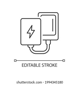 Power bank linear icon. Compact charger for mobile phone. Portable essential amenities. Thin line customizable illustration. Contour symbol. Vector isolated outline drawing. Editable stroke