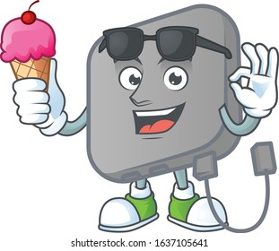 Power bank mascot cartoon style eating an ice cream