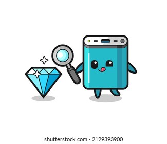 power bank mascot is checking the authenticity of a diamond , cute style design for t shirt, sticker, logo element