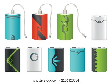 Power bank mockup set with and without USB cable. Colorful portable charger device. External battery for charging, collection with different modern designs. Powerbanks isolated on white background