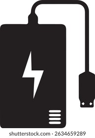  Banco de energia. Bateria portátil. Fonte de energia. Dispositivo de carregamento de bolso. Carregador USB portátil. Dispositivo móvel. Símbolo de silhueta em espaço em branco. Material de ilustração isolada do vetor, cor preta, carregamento,