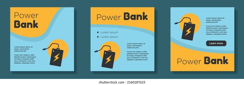 Power bank social media post, banner set, mobile device charger advertisement concept, electric usb adaptor content marketing square ad, abstract print, isolated on background.