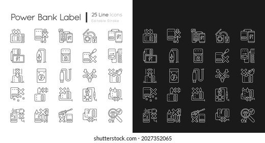 Power bank usage linear manual label icons set for dark and light mode. Customizable thin line symbols. Isolated vector outline illustrations for product use instructions. Editable stroke