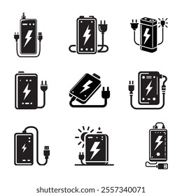 Power bank with USB cable and lightning sign bold black silhouette icon isolated on white. Battery charger pictogram. Recharger portable equipment vector element for infographic, web.
