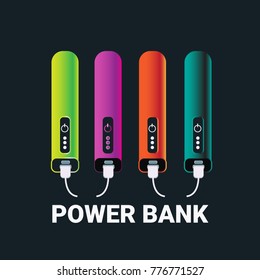 Power Banks Set Colorful Chargers Collection Portable Battery Device Flat Vector Illustration