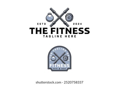 bar de poder cruzado com barbell e kettlebell logotipo colorido emblema design definido para ginásio fitness sport. olympic bar, kettlebell, modelo de logotipo de ilustração barbell para musculação, clube de levantamento de peso 