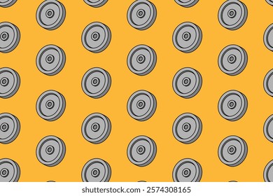 power bar fitness gym colorful pattern on yellow background. doodle power bar barbell object symbol seamless pattern background. power bar seamless pattern for fitness gym decor and merchandise