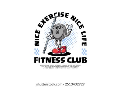 power bar fitness gym retro cartoon character mascot illustration with standing pose, holding pole and showing peace hand for  fitness gym bodybuilding weightlifting sport club mascots and merchandise