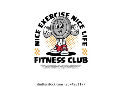 power bar fitness gym retro cartoon character mascot illustration with standing pose and showing both arm muscles for fitness gym bodybuilding sport club mascots and merchandise