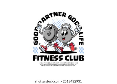 power bar and kettlebell fitness gym retro cartoon character mascot illustration with walking pose and showing wave hand and peace hand for  fitness gym bodybuilding sport club mascots and merchandise