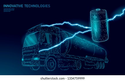 Power battery electric truck low poly.Rechargeable ecological environment green transport business trailer. Fast speed semi-trailer perspective view on highway. 3D vector illustration