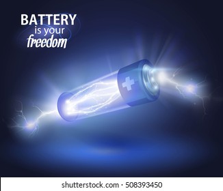 Power battery, full charge with lighting. Alternative energy. Vector illustration