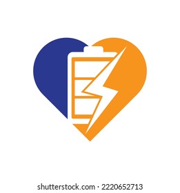 Plantilla de diseño de logotipo con forma de corazón de la batería de alimentación. Icono del logotipo del tornillo de alumbrado de la batería y de la potencia del flash.