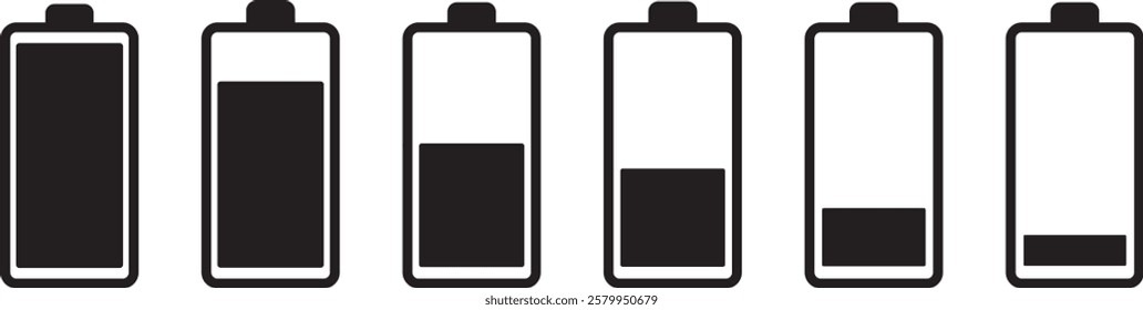  Power, Battery icon set. Battery Full charge indicator or low charge sign
