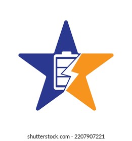 Power Battery star shape concept Logo Design Template. Battery power and flash lightning bolt logo icon.