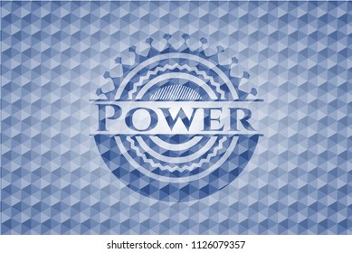 Power blue emblem or badge with geometric pattern background.