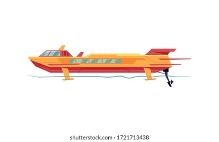 Power Boat or Speedboat, Orange Sailboat, Modern Nautical Motorized Transport Vector Illustration