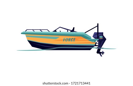 Power Boat, Speedboat, Sailboat, Modern Nautical Motorized Transport Vector Illustration